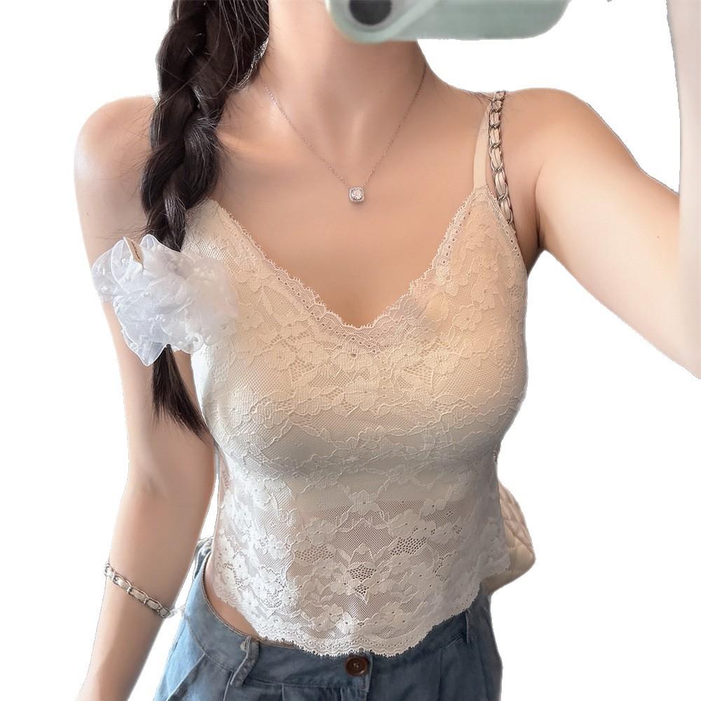 #Summer new pure desire wind V-neck lace dispensing splicing ice silk vest female slim one-piece with chest pad
