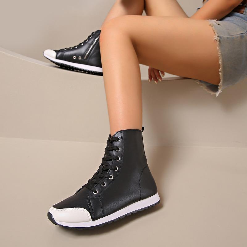 Women's Boots Lightweight Pu Leather Casual Shoes Side Zipper Women's Ankle Boots Lace Up Flat Bottom Boots Classic Women's Boot