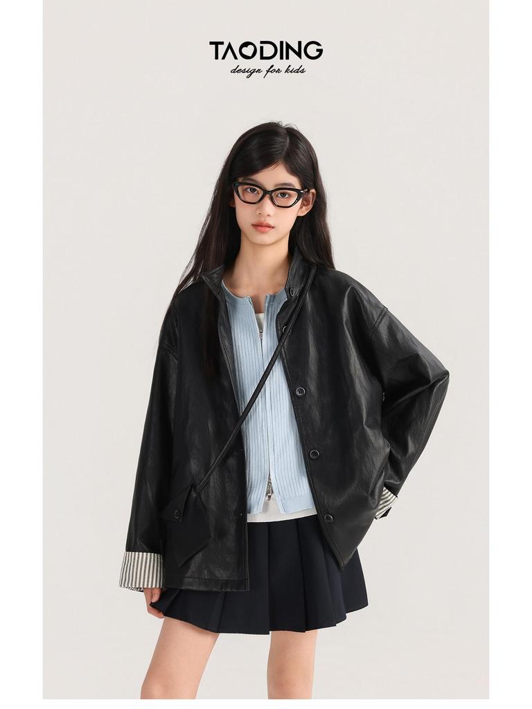 Tao Town Girls' Leather Lapel Jacket - Spring/Autumn Fashion for Big Kids