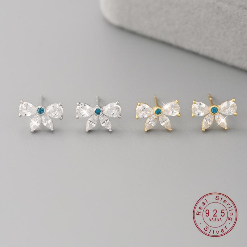 925 Sterling Silver Vintage Bowknot Dazzling Clear CZ Stud Earrings For Women Retro Fine Jewelry Accessories