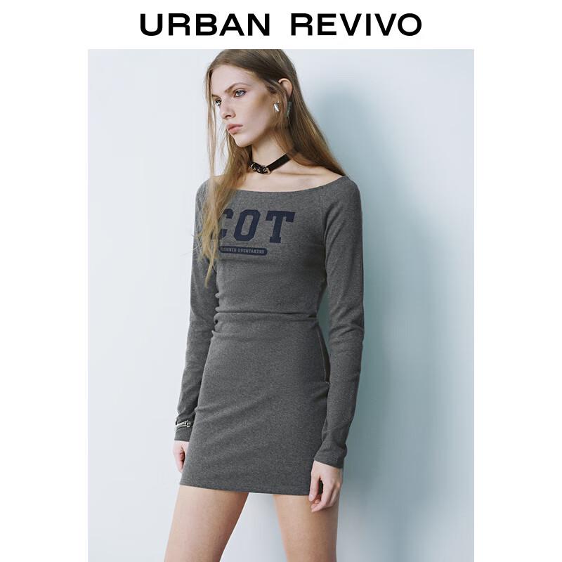 UR 2025 Spring Casual Sporty Letter Pleated Long Sleeve Dress