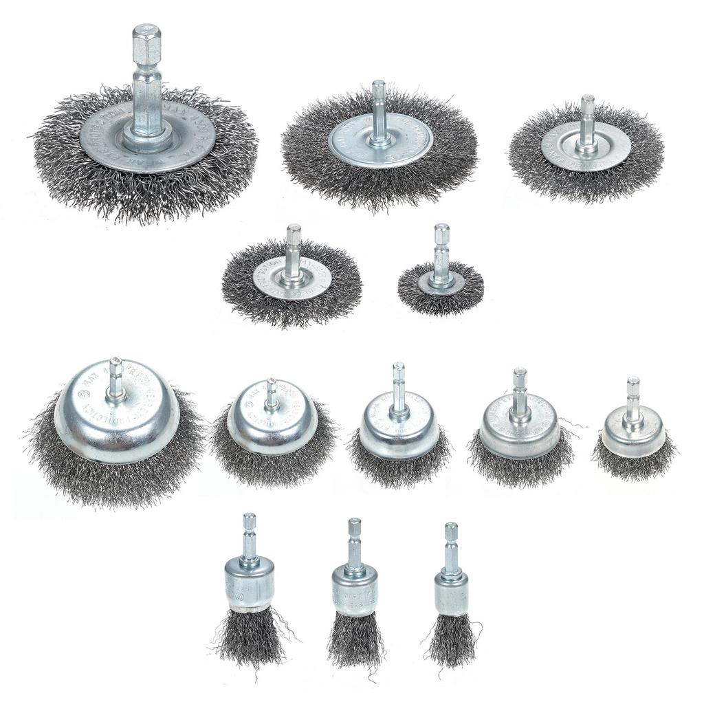 13 Pcs Wire Brush Set for Rusts Removal 0.012in Coarse Carbon Steel Crimping Wire Brush Kit with 1 4 Inch Hex Shank for
