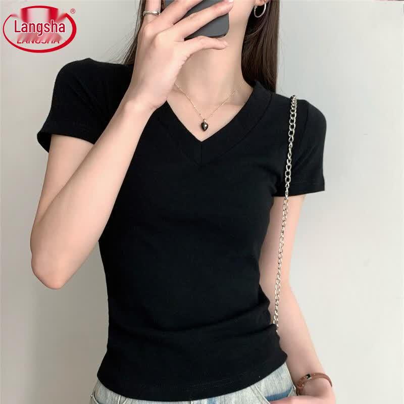 Langsheng Women's Slim Fit V-Neck Short Sleeve T-Shirt
