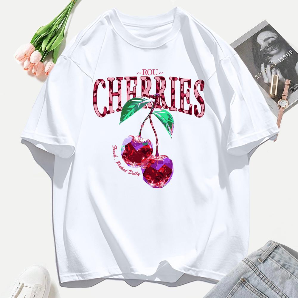 Crystal Cherries Printing Tee Shirt Woman Summer Cotton Tee Tops O-Neck Casual T Shirts Oversized All-Match Short Sleeve