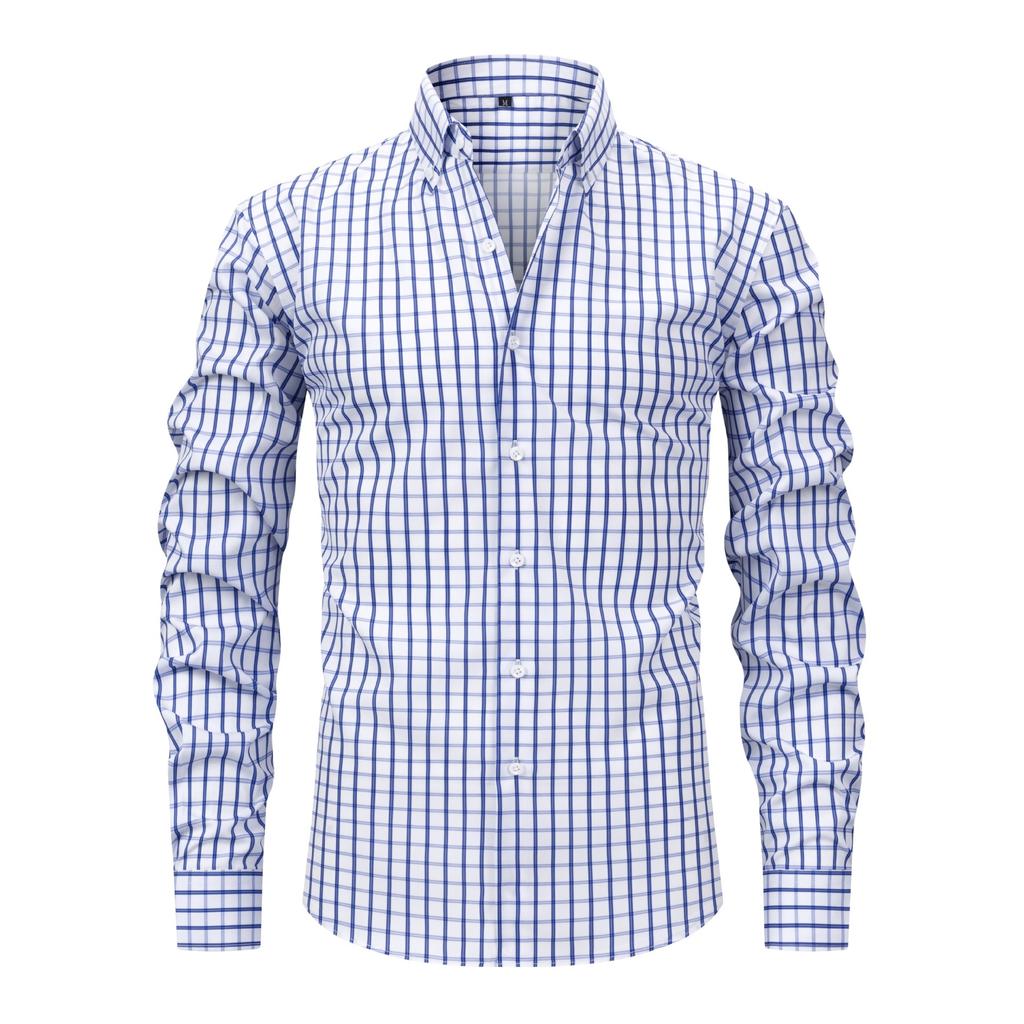 Men's High-Grade 4-Way Stretch Plaid Print Long Sleeve Shirt, Turn-down Collar Men Shirt Wholesale