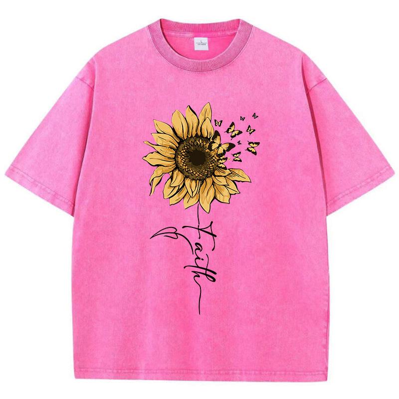 Sunflower And Butterfly Cotton Washed T-Shirt Women Prints T S розы красного
