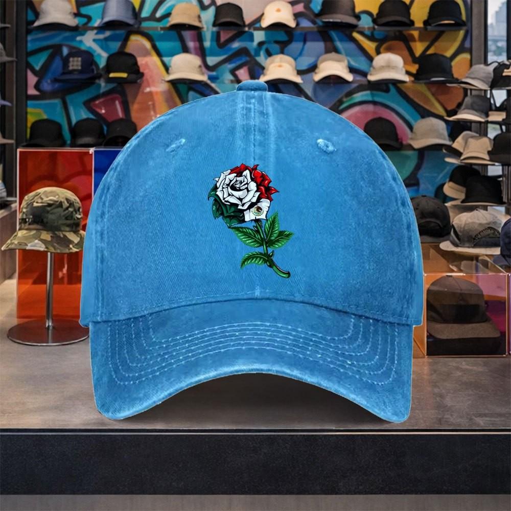 Mexican Flag Rose Washed Baseball Cap Cotton Adjustable Retro Streetwear Hat for Unisex