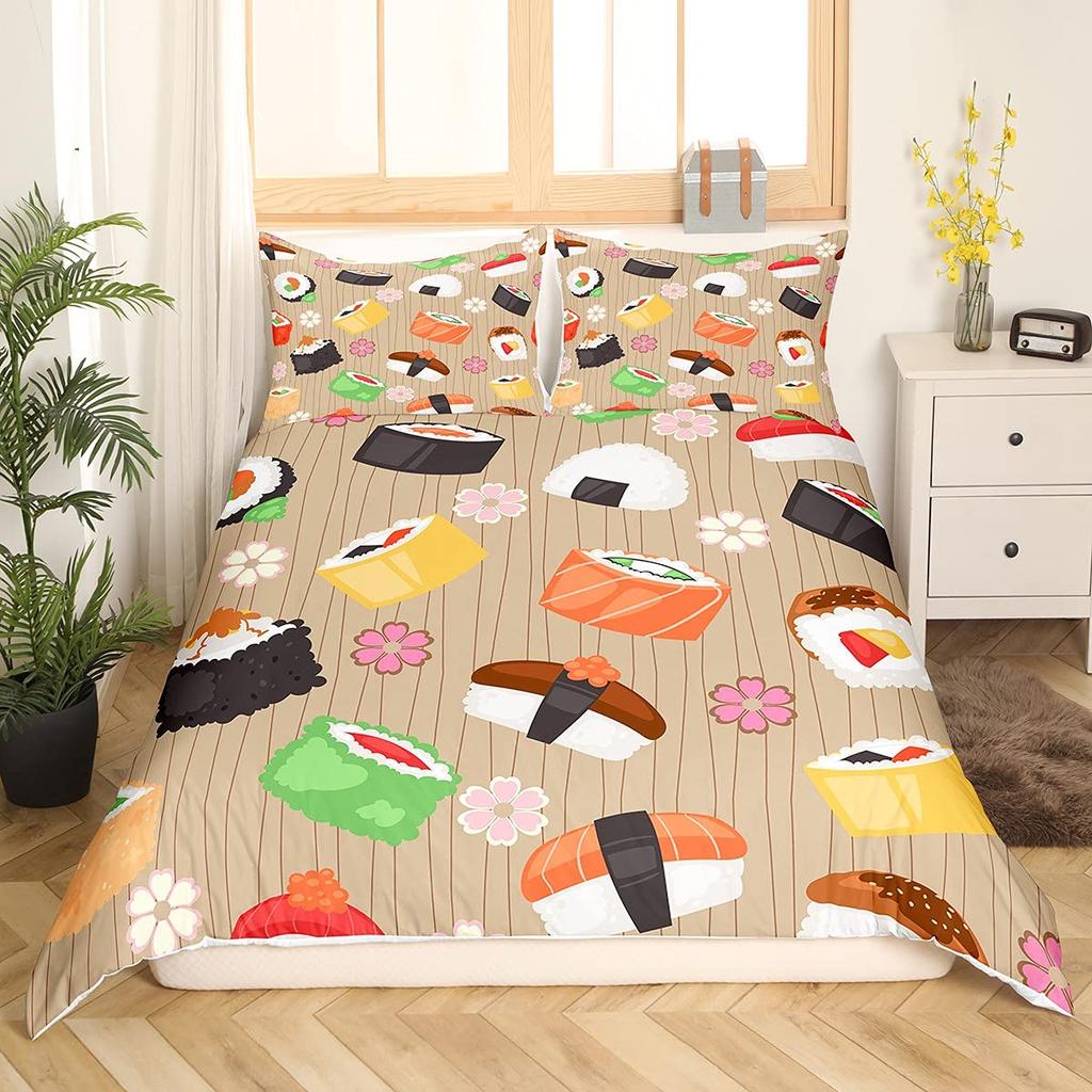 Japan Sushi King Queen Duvet Cover Marine Life Bedding Set Cartoon Japanese Food Quilt Cover Colorful Polyester Comforter Cover