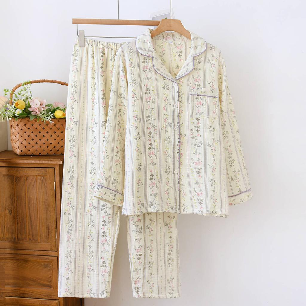 2026 New Women's Spring and Autumn Pajama Set 100% Cotton Crepe Soft Thin Long Sleeve Long Pants Home Clothes Two Piece Set