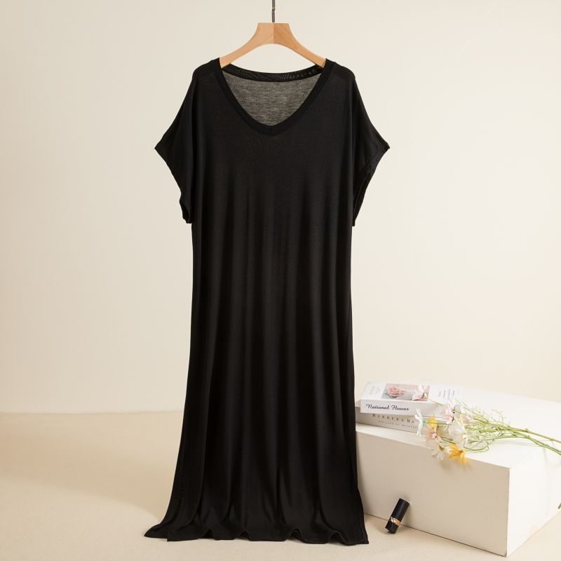 

Modal V Neck Short-Sleeved Dress Women s Summer Thin Cool Nightdress Plus Size Loose Outer Wear Casual Skirt Dress Black L (Recommendation 40.00 kg-65.00 kg