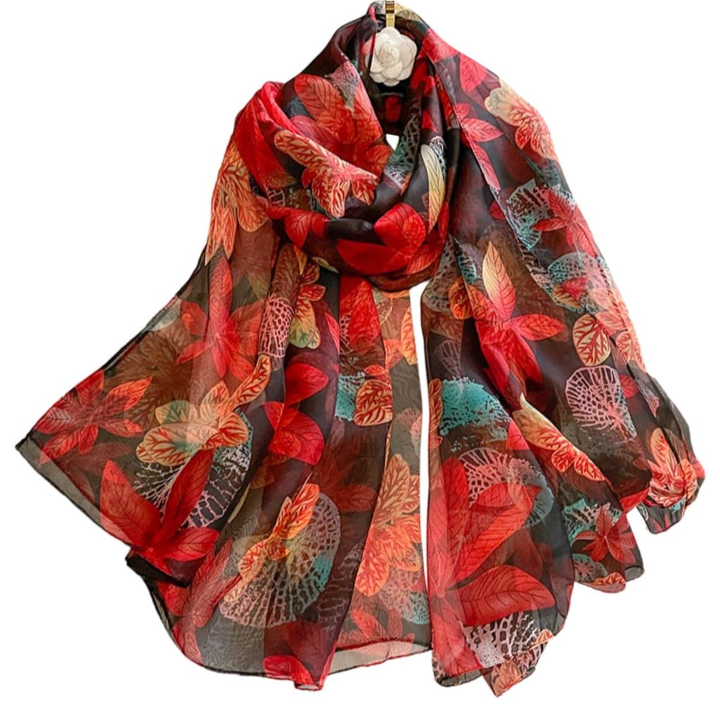 Black Scarf with a Colorful Leaf Pattern - Autumn Accent with a Touch of Exoticism