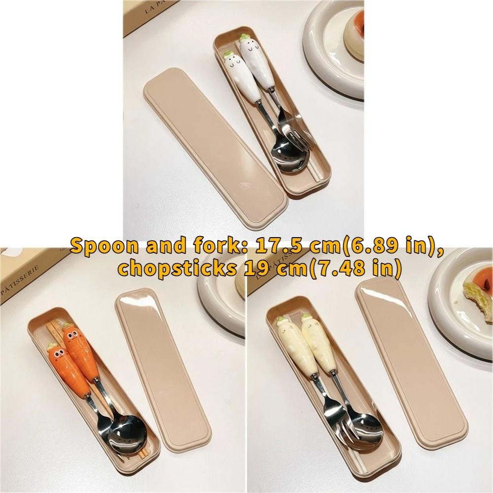 Stainless Steel Spoon Fork Chopsticks Set Ceramic Handle with Storage Box Carrot Spoon Fork Cartoon Portable Tableware Travel