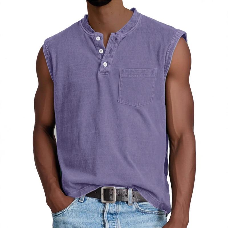 Herren gewaschenes Henley ärmelloses Tanktop lässig V-Ausschnitt einfarbig Muskelshirt mit Brusttasche