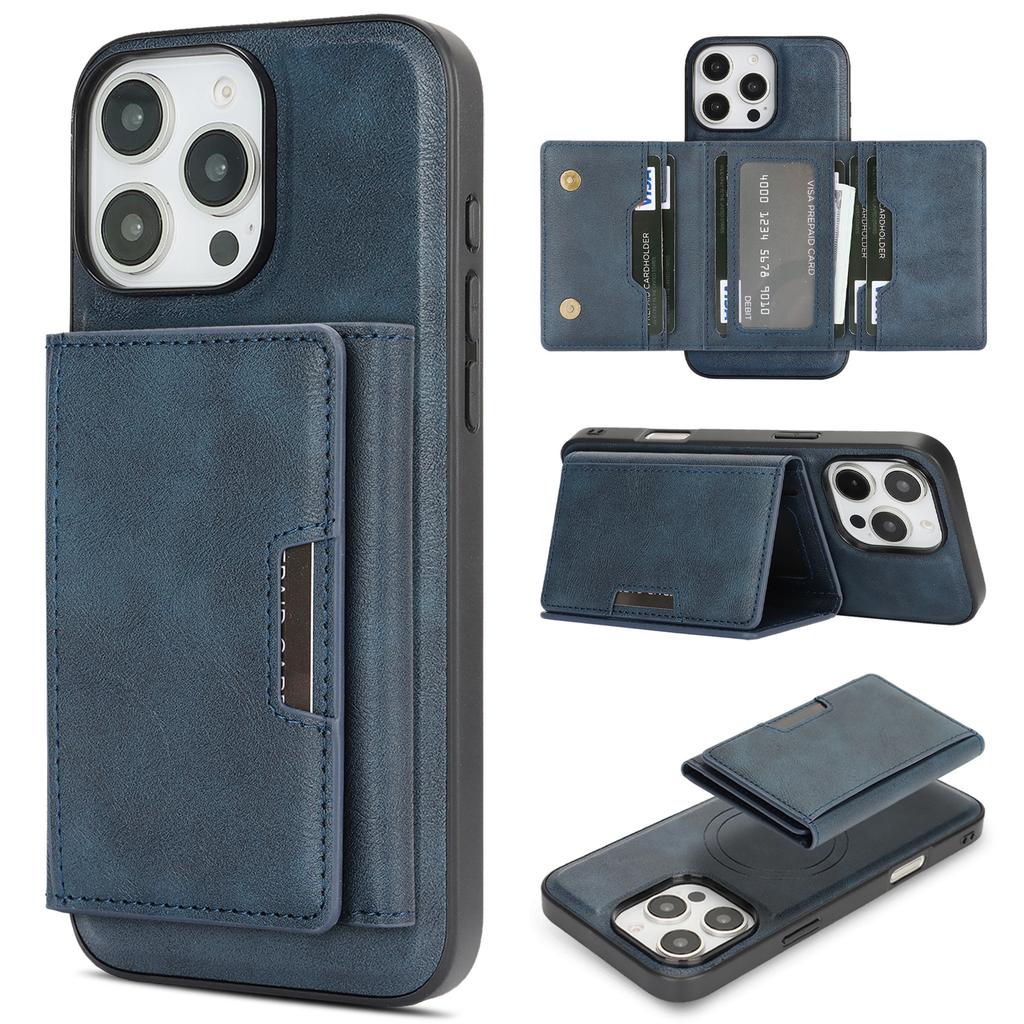 For iPhone 14 Pro Kickstand Case Tri-fold Card Bag PU Leather Coated TPU Cover Compatible with MagSafe