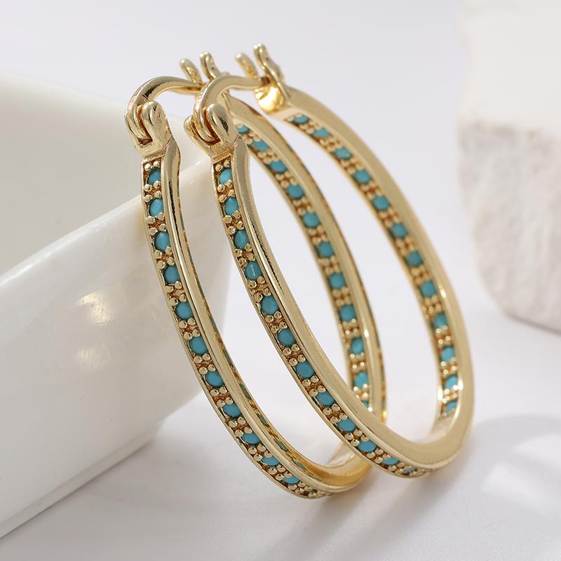 Trend Turquoise Golden Plated Large Round Hoop Earrings for Women Vintage Party Holiday Jewelry Accessories Perfect Gift