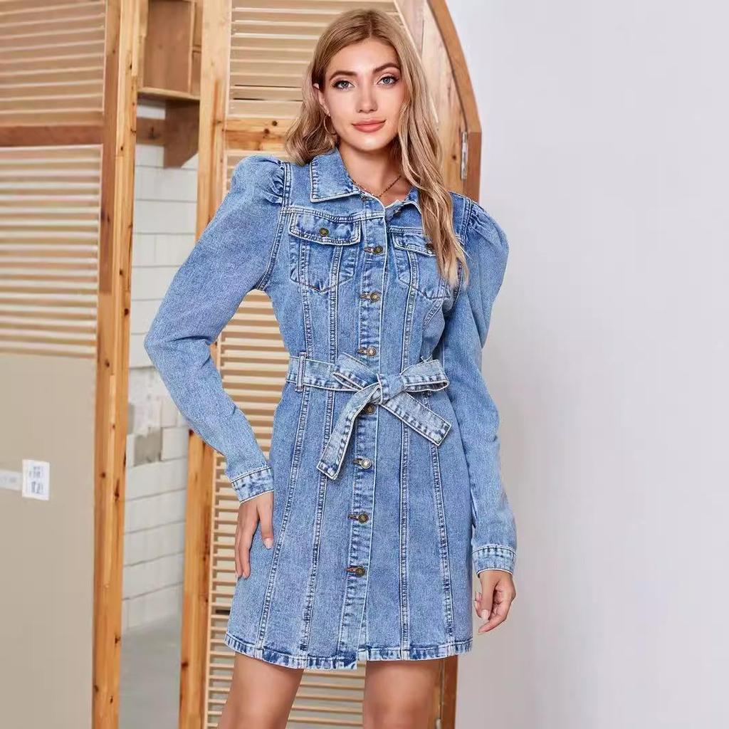 New Retro Waist-Cinching Slim Long-Sleeve Denim Dress for Women