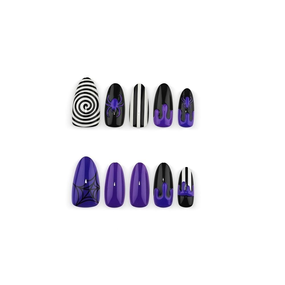 Purple And Black Venom Spider Almond Wear Nails Gothic Dark Halloween Manicure Black And White Swirl Stripes Fake Nails