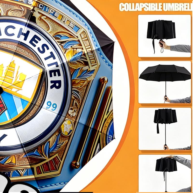 Custom Name Personalized Manchester City FC Print Umbrella, Auto Open Close, 8‑Rib Sturdy Frame, Commute Camping Hiking Use, Birthday Gift