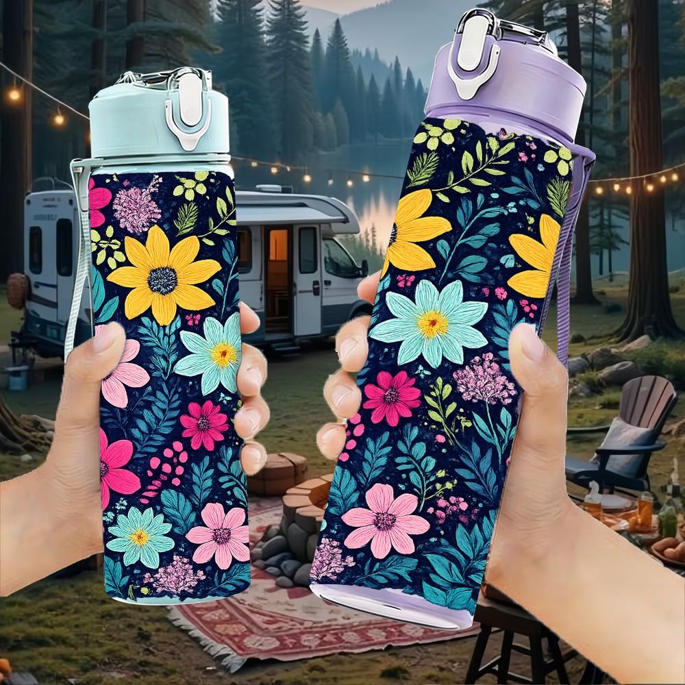 1PC Bright Multicolor Daisy Floral Print 750ml Color Plastic Sports Water Bottle Leakproof Flip Straw Lid Suitable for Sports Office Home Use