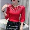 Summer New Women Mesh Tees Tops Fashion Sexy Cross Hollow Out Hot Diamond Half Sleeved Bottoming Shirt Elasticity T-Shirt