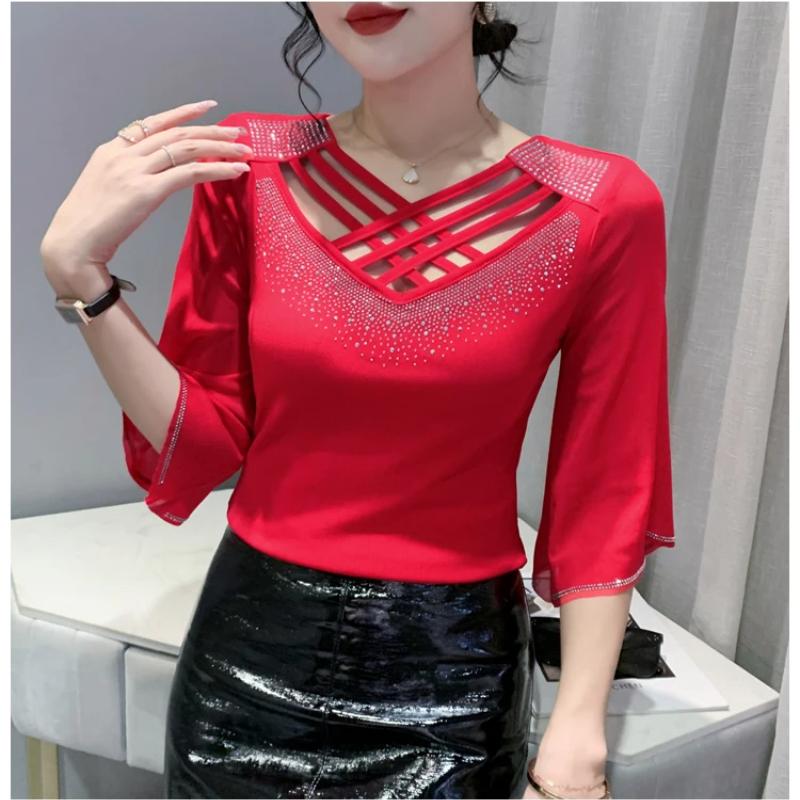 Summer New Women Mesh Tees Tops Fashion Sexy Cross Hollow Out Hot Diamond Half Sleeved Bottoming Shirt Elasticity T-Shirt