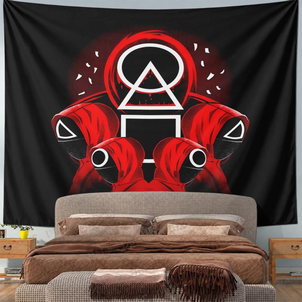 Landscape Wall Tapestry Squid Game Red Guards Symbols, Black Red, Wide Wall Decor for Adult Gamer Dorm Man Cave Gift
