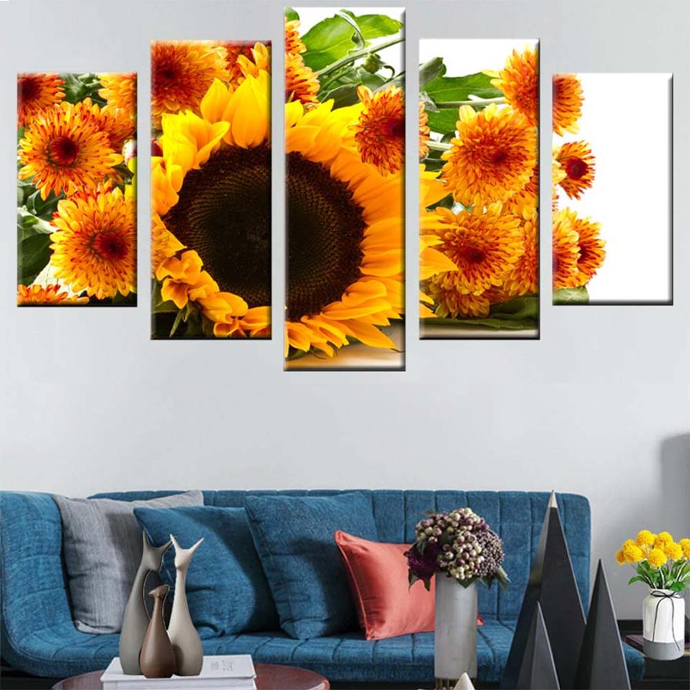 

Wall Art Canvas Painting Picture 5 Pieces Yellow Sunflower Landscape HD Print Modern Home Decoration Poster Living Room 20X35 20X45 20X55CM