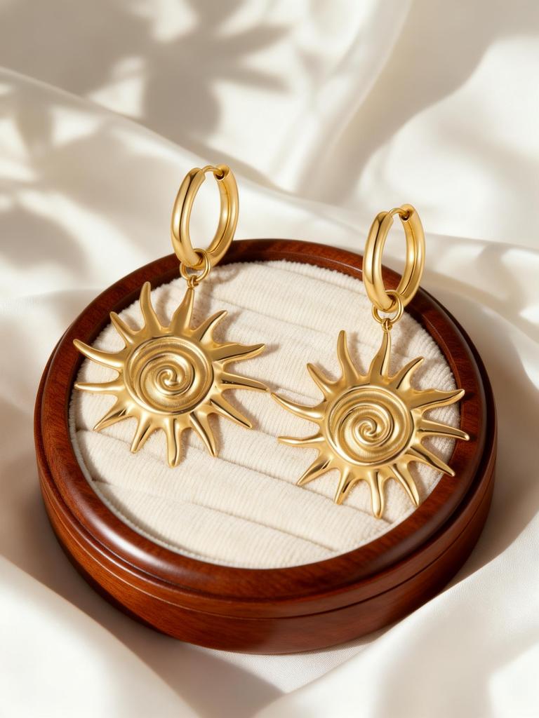 Stainless Steel Metal Spiral Sun Pendant Earrings for Women Vintage Gold Plated Geometric Sunflower Drop Earring Fashion Jewelry