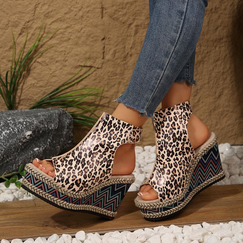 Fashion Sexy Leopard Super High Heel Sandals Women 2025 Summer Bohemia Chunky Platform Wedge Heel Velcro Sandals Fashion Beach Shoes