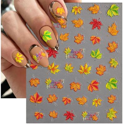 Embossed Fall Nail Art Stickers, 5D Thanksgiving Day Nail Decals, Self-Adhesive Maple for DIY Autumn Nail Supplies Decoration(5 Sheets)