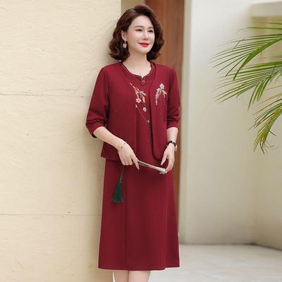 Elegante Conjunto de Vestido de Primavera de Duas Peças Bordado com Casaco para Banquete de Casamento da Mãe