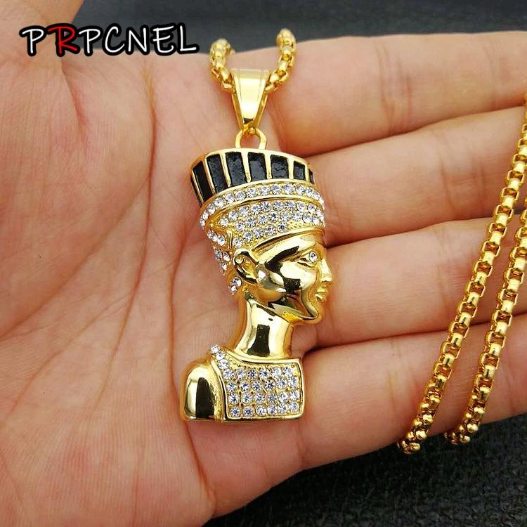 Hip Hop New Iced Out Egyptian Pharaoh Pendant 316L Stainless Steel Bling Rhinestone Men s Women Pendant Necklace Punk Jewelry 60cm