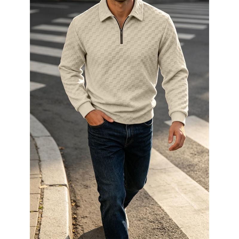 Men S Long Sleeve Polo Sweatshirt Checkered Jacquard Casual Business
