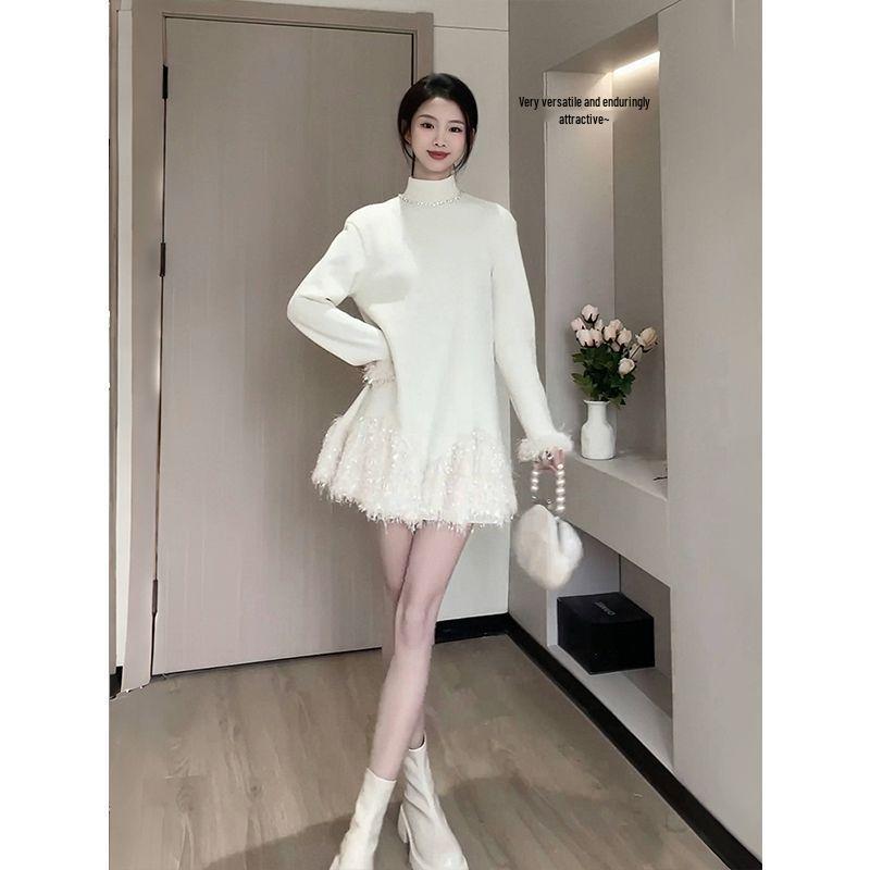 Women s French Elegant Plush-Lined Patchwork Tassel Sequin Dress for Autumn/Winter 2025 Extra Large