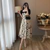 Square Neck A-line Skirt Floral Short Sleeves Dress Sweet Flower Long Dress  Evening Party