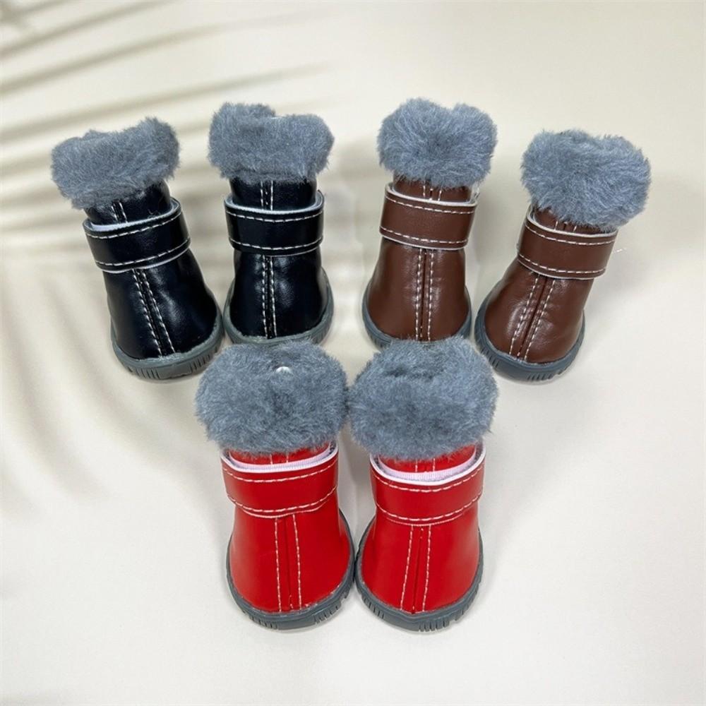 4PCS Plush Winter Pet Dog Shoes Rubber Soles Non Slip Waterproof Dog Boots PU Leather Warm Dog Fleece Shoes Winter Season