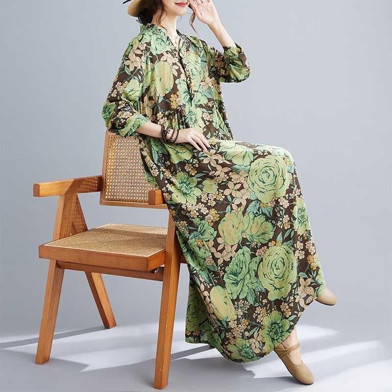 New Bohemian Vintage Printed Loose Belly Covering Long Sleeve Big Swing Long Dresses