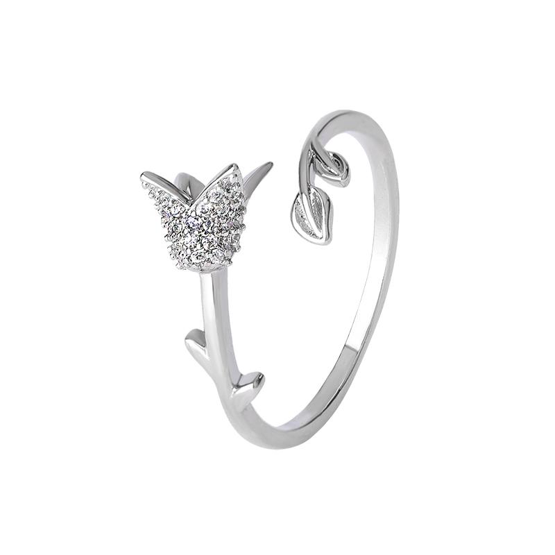 New Fashion Simple Diamond Inlaid Rose 925 Sterling Silver Jewelry Personalized Flower Opening Rings  JZ009