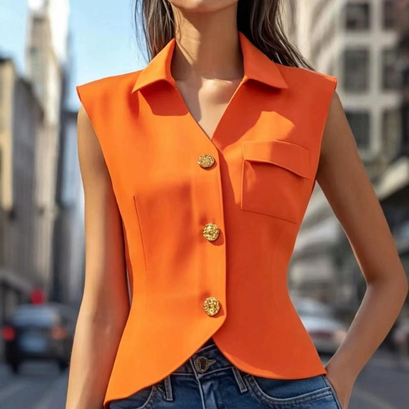 Women's Sleeveless Blazer Vest Lapel Collar Gold Button Slim Fit Cropped Suit Waistcoat Office Top