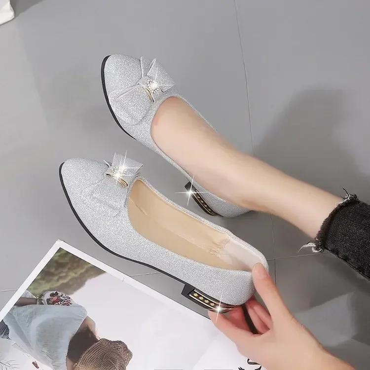 Fashion Korean casual shallow mouth single shoe women's summer new item bow frosted low heel rhinestone fashionable women's shoes