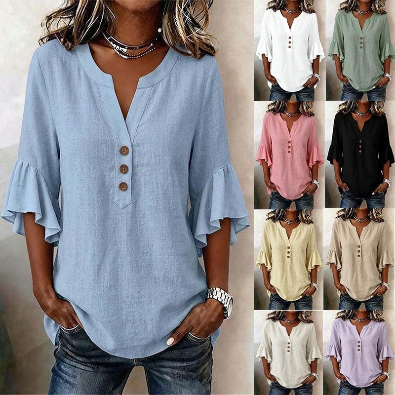 Summer V Neck Women T-Shirts 3/4 Sleeve Button Shirt Blouse Women Casual Solid Color Loose Tops Female Oversized Shirts