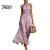 Abito Lungo in Chiffon Floreale da Donna, con Scollo all'Americana, Senza Maniche, Arricciato, Collo Alto, da Ospite di Matrimonio, Cocktail, da Sera