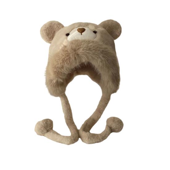 Women Hat Solid Color Thickened Plush Bear Warm Hat