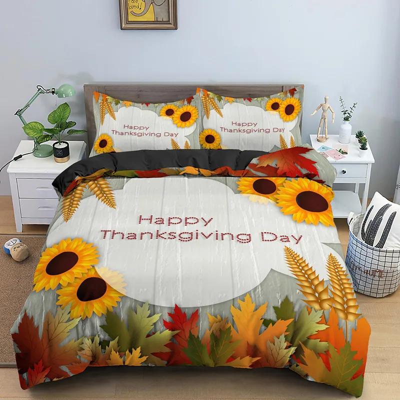 Høst Takkedag Dynetrekk King Queen Tegneserie Oransje Gresskar Kalkun Sengetøy Sett Lønneblader Mykt Polyester Dynetrekk