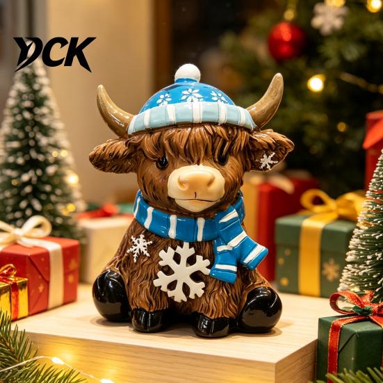 Cartoon Animal Figurine Winter Highland Cow Resin Figurine, Cattle Statue for Sculpture Desk Decor, Shape Ornament Home Office Decor