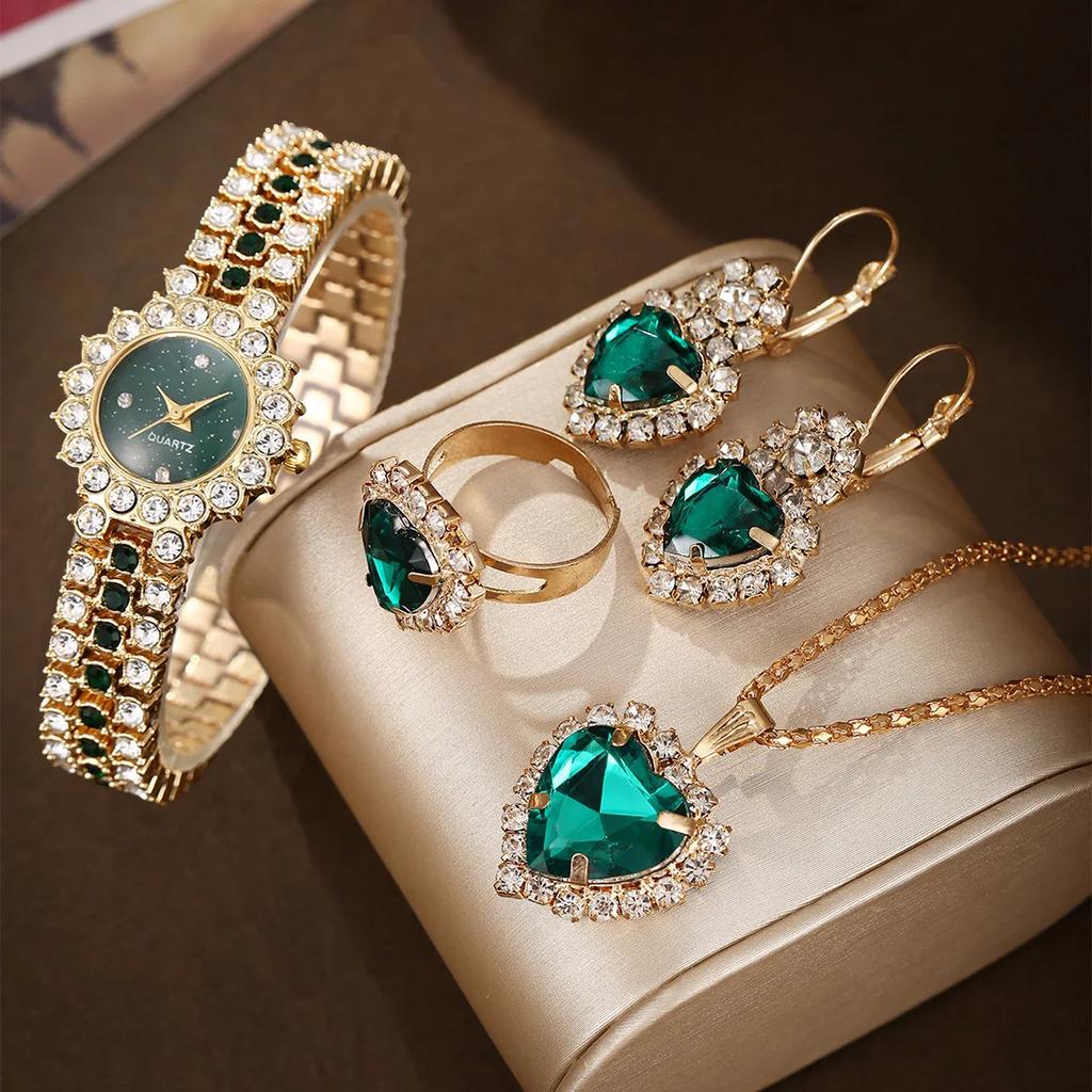 Golden Luxury Watch Women Ring Necklace Earring Rhinestone Fashion Wristwatch Casual Ladies Bracelet Watches Jewelry Set