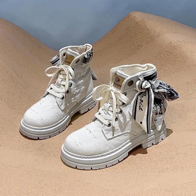 Fashion Woman Shoes 2025 Women's Autumn Retro Denim British Style Foreign Style Small Short Boots Thick-soled Heightening Boots