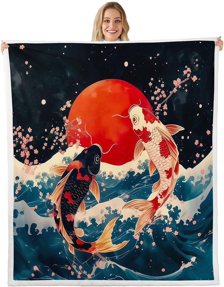 

GUOYU Blanket Japanese Style Blankets and ThrowsCrane and Sun Blanket Throw for Kids AdultsCherry Blossom Fleece Blanket Oriental Painting 75x100cm (30x40inch)
