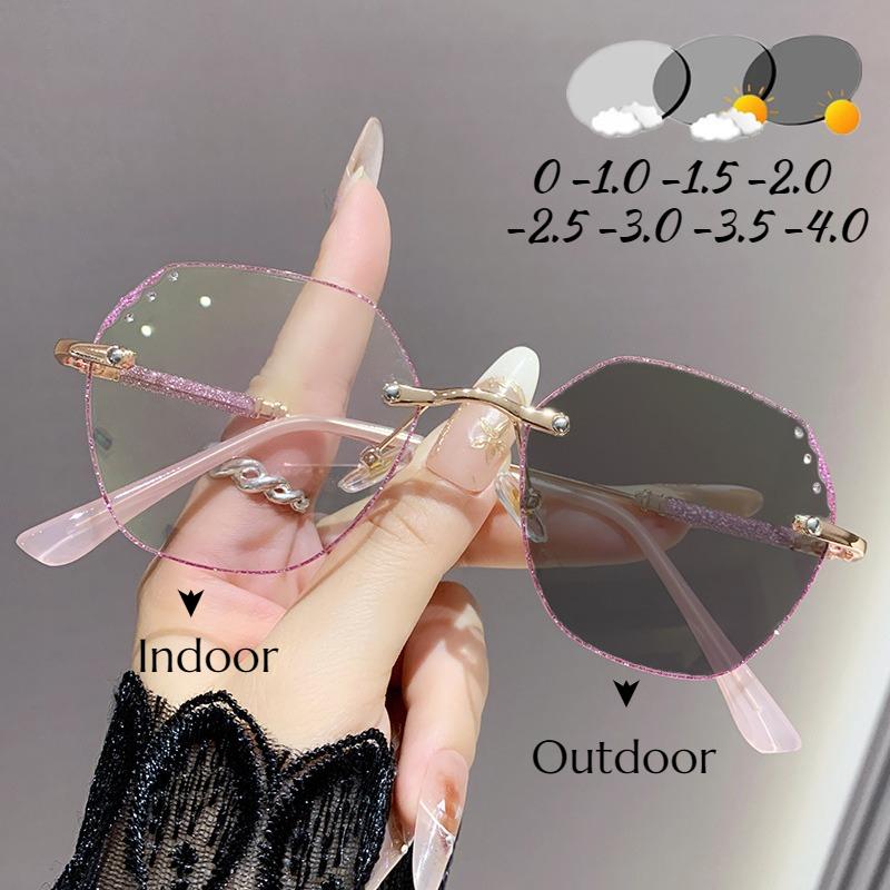 Shining Rimless Pochromic Myopia Glasses for Women Oversize Blue Light Blocking Computer GLasses UV Protection Sunglasses