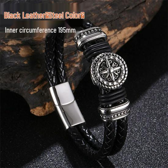 Men s Titanium Steel Leather Woven Bracelet 165mm